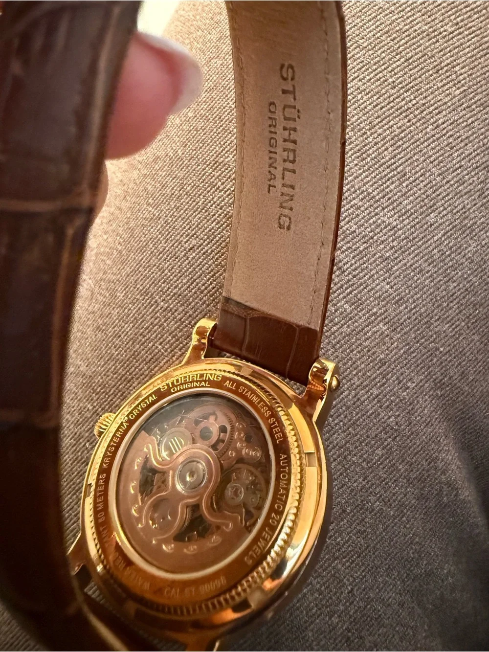Stuhrling Original Rose Gold Tone Dial Skeleton Watch with Brown Leather Strap
